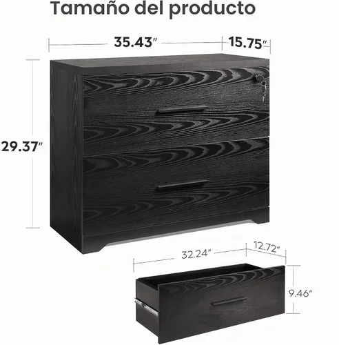Vista 3 de DEVAISE Archivador lateral de madera de 2 cajones con cerradura para oficina en casa, color negro