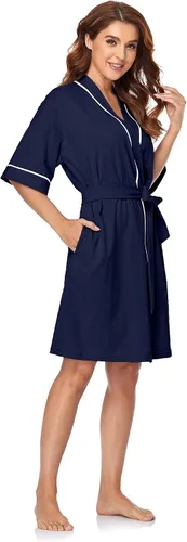 Vista 76 de COLORFULLEAF Bata de baño de manga corta para mujer, 100% algodón, longitud hasta la rodilla, con bolsillos