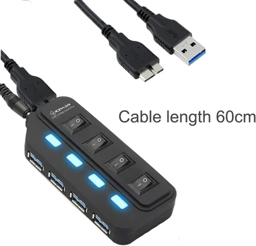 Vista 5 de ciway 4-Port USB 3.0 Hub con adaptador de alimentación y interruptores independientes Indicador LED luz (Negro)