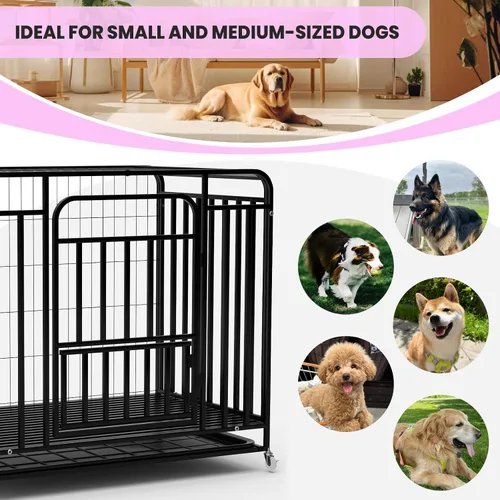 Vista 3 de Jaula resistente para perros de 42 pulgadas, acero de aleación resistente, jaula para perros antimordeduras a prueba de escape, 3 puertas, ruedas