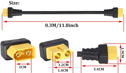 Vista 3 de Cable de extensión XT60 de 14 awg, XT60 macho a XT60 hembra, adaptador convertidor de extensión para RC FPV coche, avión, dron, batería Li-Po 1ft