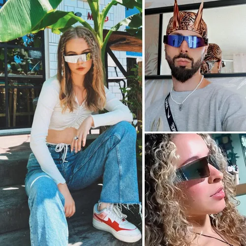 Vista 2 de Dollger Paquete de 2 lentes de sol envolventes futuristas para mujeres y hombres, moda Y2K Biker Rider Visor Shield para deportes al aire libre