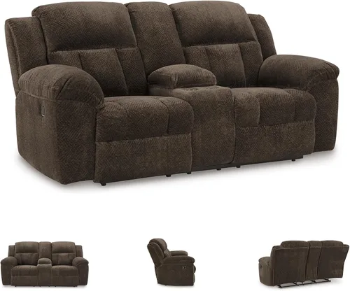 Vista 7 de Signature Design by Ashley Frohn - Sofá biplaza reclinable doble manual moderno con consola, almacenamiento y portavasos, color marrón oscuro