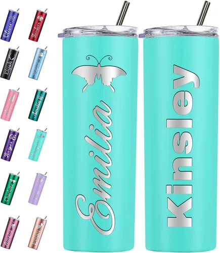 Vista 18 de Vaso personalizado personalizado con nombre grabado y logotipo, vasos delgados personalizados con tapa y pajita, vaso aislado de acero inoxidable