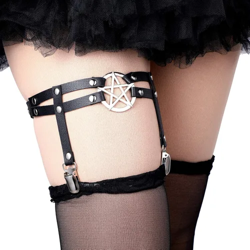 Vista 6 de Syhood 6 ligueros altos hasta el muslo, en forma de corazón, estrella, nudo de mariposa, liga punk, pierna punk, con clips antideslizantes