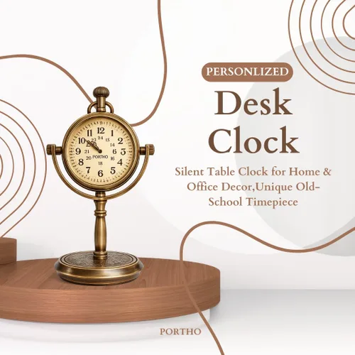 Vista 3 de PORTHO Reloj de escritorio personalizado, reloj de mesa silencioso para decoración del hogar y la oficina, reloj único de la vieja escuela