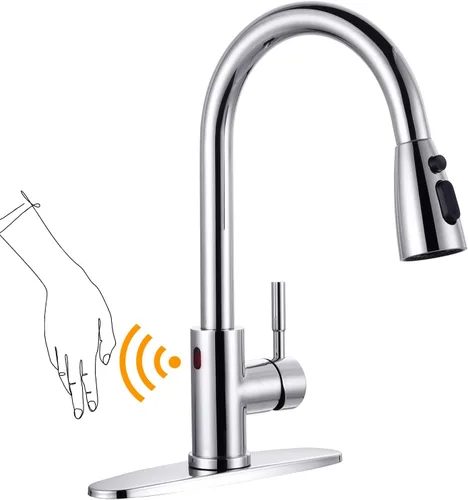 Vista 26 de WOWOW Grifo de cocina con rociador, grifo de fregadero de cocina, acero inoxidable SUS 304, grifo de cocina de níquel cepillado de arco alto