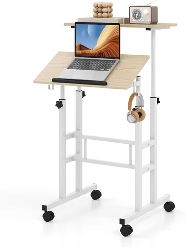 Vista 10 de Tangkula Escritorio de pie móvil, escritorio portátil con ruedas Height-adjustable Standing Table w/Tilting Tabletop, Laptop Workstation w/Hanging