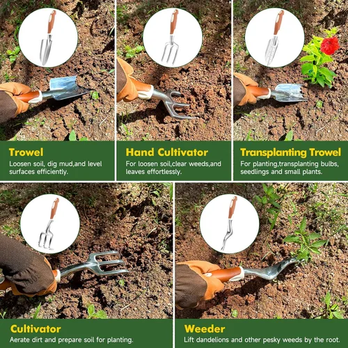 Vista 2 de MelonArt - Juego de herramientas de jardín, kit de 10 piezas de herramientas de mano de jardinería resistentes para mujeres, de aluminio con mango