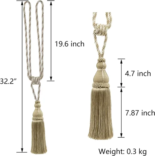 Vista 2 de BEL AVENIR Paquete de 2 alzapaños de cortina con borlas, grandes hechos a mano, cuerda para el hogar, oficina, hotel, elegante decorativo (beige)