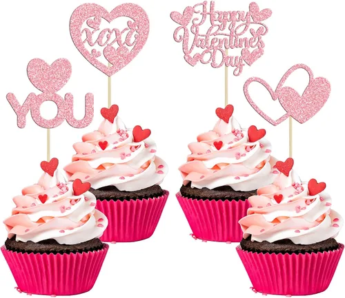 Vista 65 de Ephlyn 24 adornos para cupcakes con purpurina para el día de San Valentín, dulce amor, corazón, día de San Valentín, decoración para cupcakes