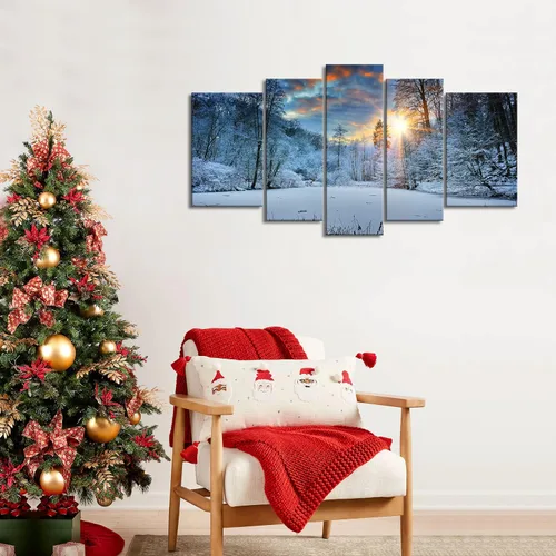 Vista 4 de Arte de pared de invierno, campo de nieve, lienzo moderno, pintura en lienzo de invierno, nieve, bosque, árbol, amanecer, puesta de sol, paisaje
