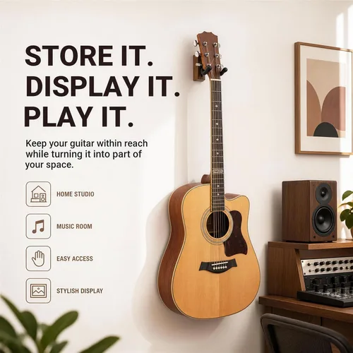 Vista 9 de Soporte de pared para guitarra, paquete de 3 con soporte para púas y 6 púas de celuloide, colgador de guitarra de madera de nogal en forma de U