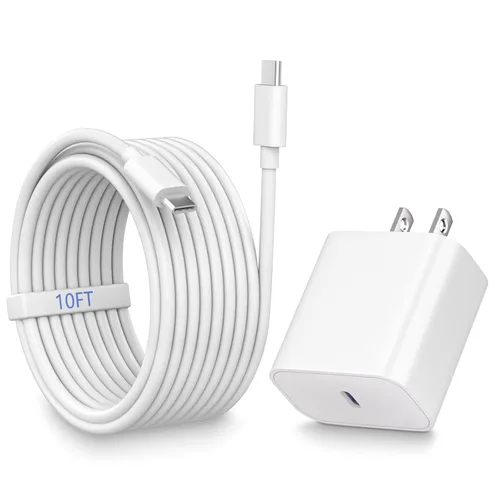 Vista 7 de Cargador para iPhone 14, paquete de 2 cables de carga rápida USB de 10 pies, cable Lightning de carga rápida, bloque de enchufe USB tipo C con cable