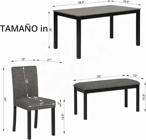 Vista 2 de Juego de mesa de comedor Trygoal para 5, juego moderno de 6 piezas para comedor con mesa rectangular, 4 sillas tapizadas con respaldo y un banco