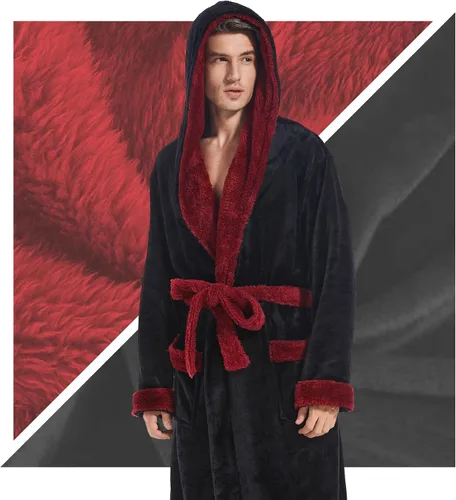 Vista 6 de Bata con capucha para hombre, bata de baño larga de felpa, acogedora y cálida, bata de spa con bolsillos