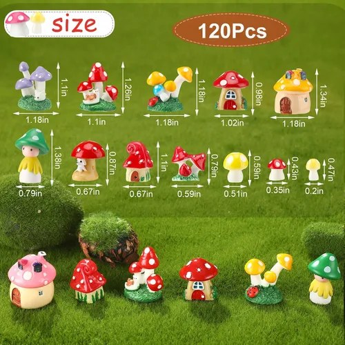 Vista 2 de Yulejo 120 piezas de mini hongos de resina para manualidades, jardín, pequeñas figuritas de hongos en miniatura, adornos coloridos a granel