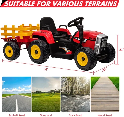 Vista 6 de Tractor eléctrico Nasitip de 12 V con remolque y control remoto Rojo