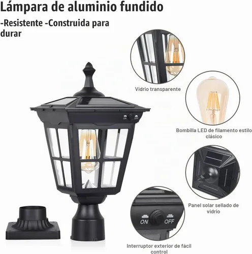 Vista 4 de Lámpara solar para poste de luz, aluminio fundido, impermeable, luces LED de pilar con vidrio para exteriores, del atardecer al amanecer, luz solar