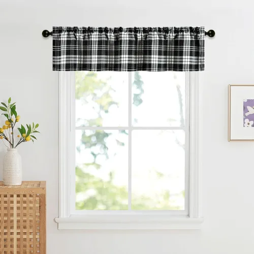 Vista 35 de VOGOL Cenefa de cuadros marrón con textura de lino para dormitorio, sala de estar, diseño de bolsillo para barra, fácil de colgar, 52 x 12 pulgadas