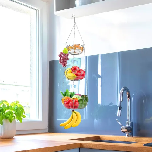 Vista 4 de Simple Houseware - Cesta colgante moderna para frutas de 3 niveles, cromado