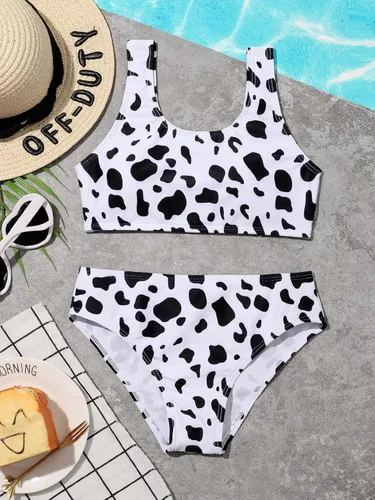 Vista 5 de WDIRARA Conjunto de 2 piezas de bikini con estampado de vaca para niña con cuello redondo y cintura alta