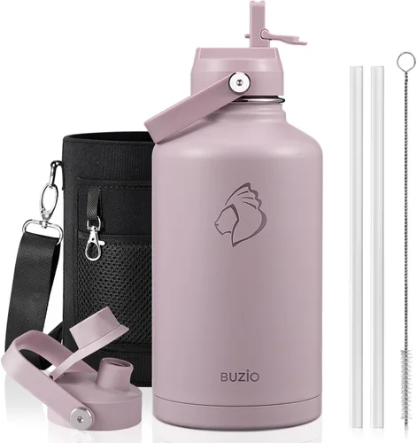 Vista 82 de BUZIO Botella de agua aislada de 24 oz, frasco de agua de boca ancha de acero inoxidable con tapa de pajita, frío durante 48 horas a prueba de Negro