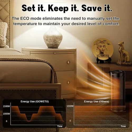 Vista 7 de QOWETU - Calentador de espacio portátil para uso en interiores con control remoto, calentador eléctrico oscilante de 70°, 17 pulgadas, temporizador