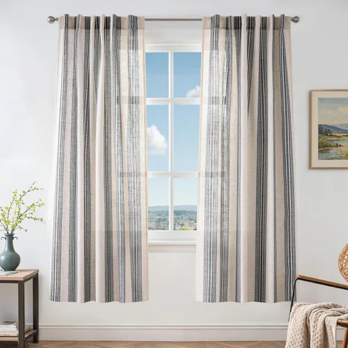 Vista 14 de DriftAway Cortinas de estilo granja con rayas verticales de lino mezclado texturizado con filtro de luz semitransparente para sala de estar