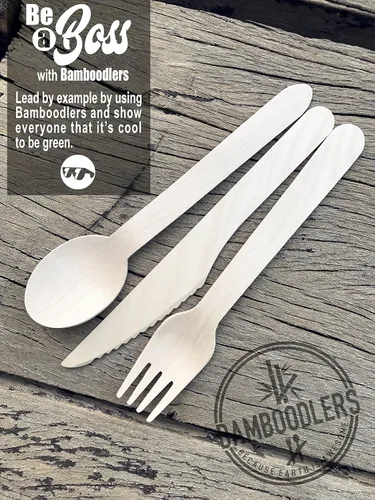 Vista 6 de juego de cubiertos de madera desechables 100 % natural, ecológico, biodegradable y compostable ¡La tierra es genial! 200 utensilios de 6.5