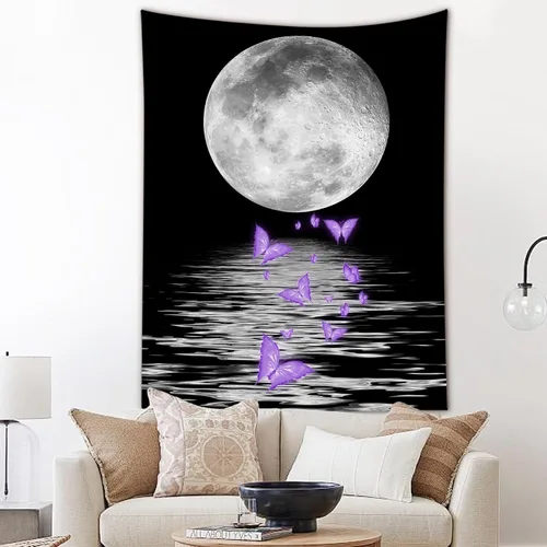 Vista 27 de LB Tapiz pequeño de luna llena sobre océano, tapiz de pared de cielo nocturno estrellado, fantasía 3D, arte de pared de luna grande en blanco