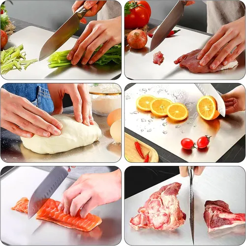 Vista 7 de 2 tablas de cortar de titanio, tabla de cortar de acero inoxidable 316 Juego de tabla de cortar de doble cara para trabajos de cocina, tabla