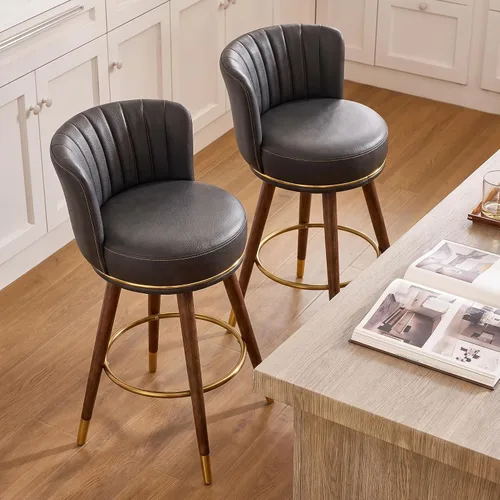 Vista 9 de SeekFancy - Juego de 2 taburetes de bar giratorios de cuero negro de 24 pulgadas Upholstered pleated backs, wood legs, gold footrests, 300lbs