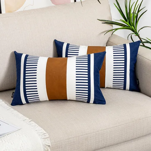 Vista 33 de Juego de 2 fundas de almohada bohemias a rayas de 16 x 16 pulgadas, fundas de almohada de cuero modernas para sofá, cama, decoración de granja