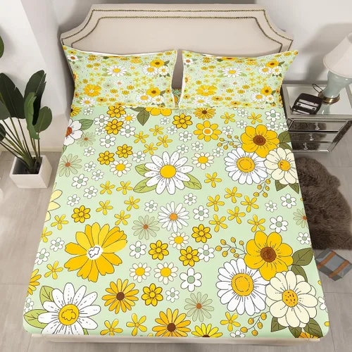 Vista 13 de Juego de sábanas ajustadas estilo 70s hippie retro para cama individual, juego vintage de otoño con hojas florales para niños y niños, juego de ropa