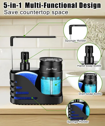 Vista 5 de Set de dispensador de jabón de cocina, dispensador doble de jabón para manos y platos 4-en-1 con soporte de esponja y soporte de paño para fregadero