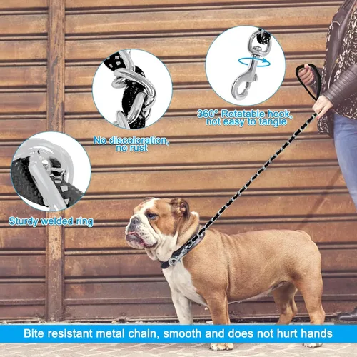 Vista 7 de HOMIMP Correa de perro a prueba de mordidas para perros medianos y grandes, correa reflectante de cadena de metal resistente de 6 pies con mango