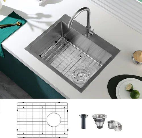 Vista 20 de Fregadero de barra empotrable de 13 × 15 pulgadas negro - Fregadero de cocina pequeño de montaje superior de un solo cuenco, hecho a mano de acero