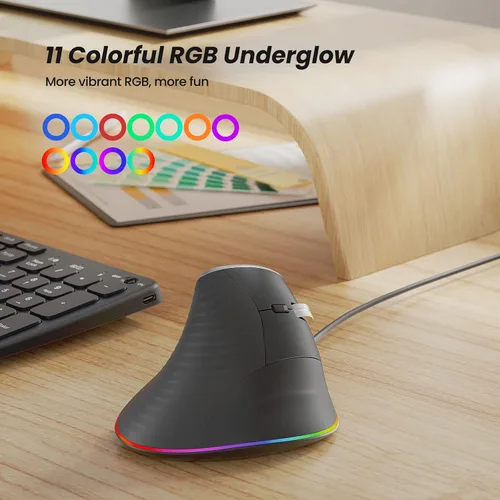 Vista 8 de Nulea M504 Ratón Vertical con Cable, Ratón Óptico Ergonómico USB con 4 DPI Ajustables, 11 Modos de Retroiluminación RGB, Compatible para Laptop, PC