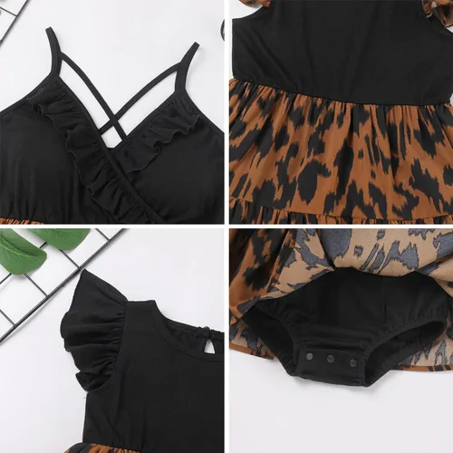 Vista 5 de AWIBMK Mommy and Me - Vestidos a juego con volantes de leopardo, sin mangas, para verano, playa, mamá, hija, trajes a juego con diadema, 2