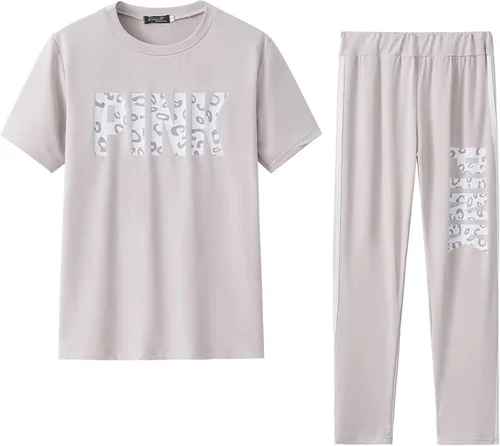 Vista 2 de THLAI - trajes para mujer con letra de impresión y rayas patchwork, traje deportivo largo, 2 piezas
