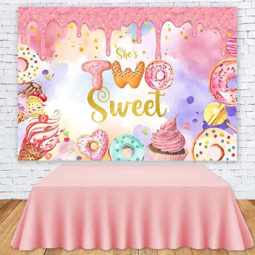 Vista 4 de Sensfun Donut Two Sweet Birthday - Telón de fondo para niñas, decoración de fiesta de segundo cumpleaños, fondo de fotografía, dona, helado