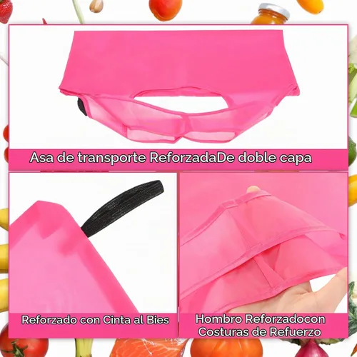 Vista 5 de Silkfly 24 bolsas de comestibles reutilizables plegables duraderas para reciclaje a granel con asas, bolsa de almacenamiento lavable Rosa