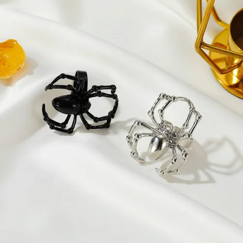 Vista 6 de Caiyao 2 anillos de dedo de araña de imitación de Halloween blanco y negro, diseño de fantasma, festival gótico, arácnido, para mujeres y hombres