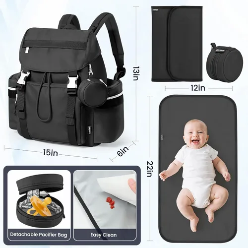 Vista 5 de Mochila para pañales con cambiador, funda para chupete y correas para cochecito, bolsillos aislados, resistentes al agua, artículos esenciales