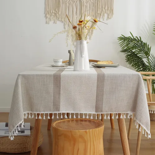 Vista 10 de Pahajim Mantel Rectangular a Rayas con Borlas Mantel Grueso de Lino y Algodón para Picnic al Aire Libre, Comedor y Decoración de Cocina para Fiestas