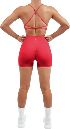 Vista 2 de SUUKSESS Conjuntos de entrenamiento sin costuras para mujer, sujetador deportivo con tiras y cintura alta, pantalones cortos