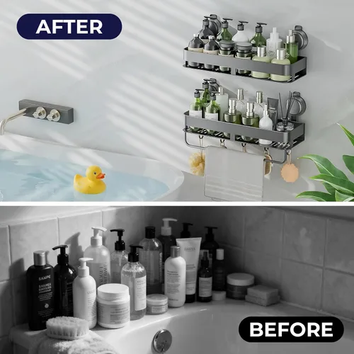 Vista 7 de Organizador de ducha esquinero, con ventosa y ganchos, organizador de baño de aluminio inoxidable sin perforaciones, estantes para decoración