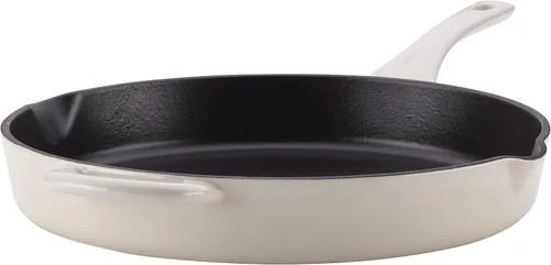 Vista 23 de Ayesha Curry Kitchenware - Sartén de hierro fundido esmaltado con mango auxiliar y boquillas de vertido, 12 pulgadas, color azul ancla