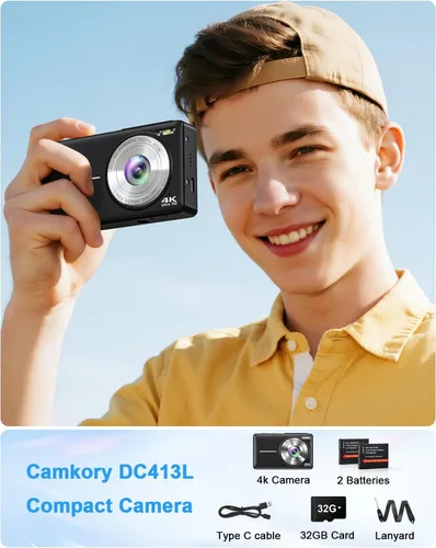 Vista 6 de Cámara digital 4K, cámara compacta de punto y disparo con enfoque automático, cámara dual, flash, zoom 16X, tarjeta de 32GB, cámaras de 64MP